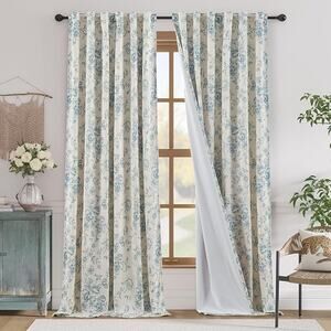 Blue Floral Linen Blend Blackout 2 Panel Curtains 96 x 50  Living room Bedroom